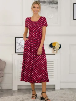 Jolie Moi Occasion Dresses|Jersey Dresses-Danna Scoop Neck Dress, Red Geo