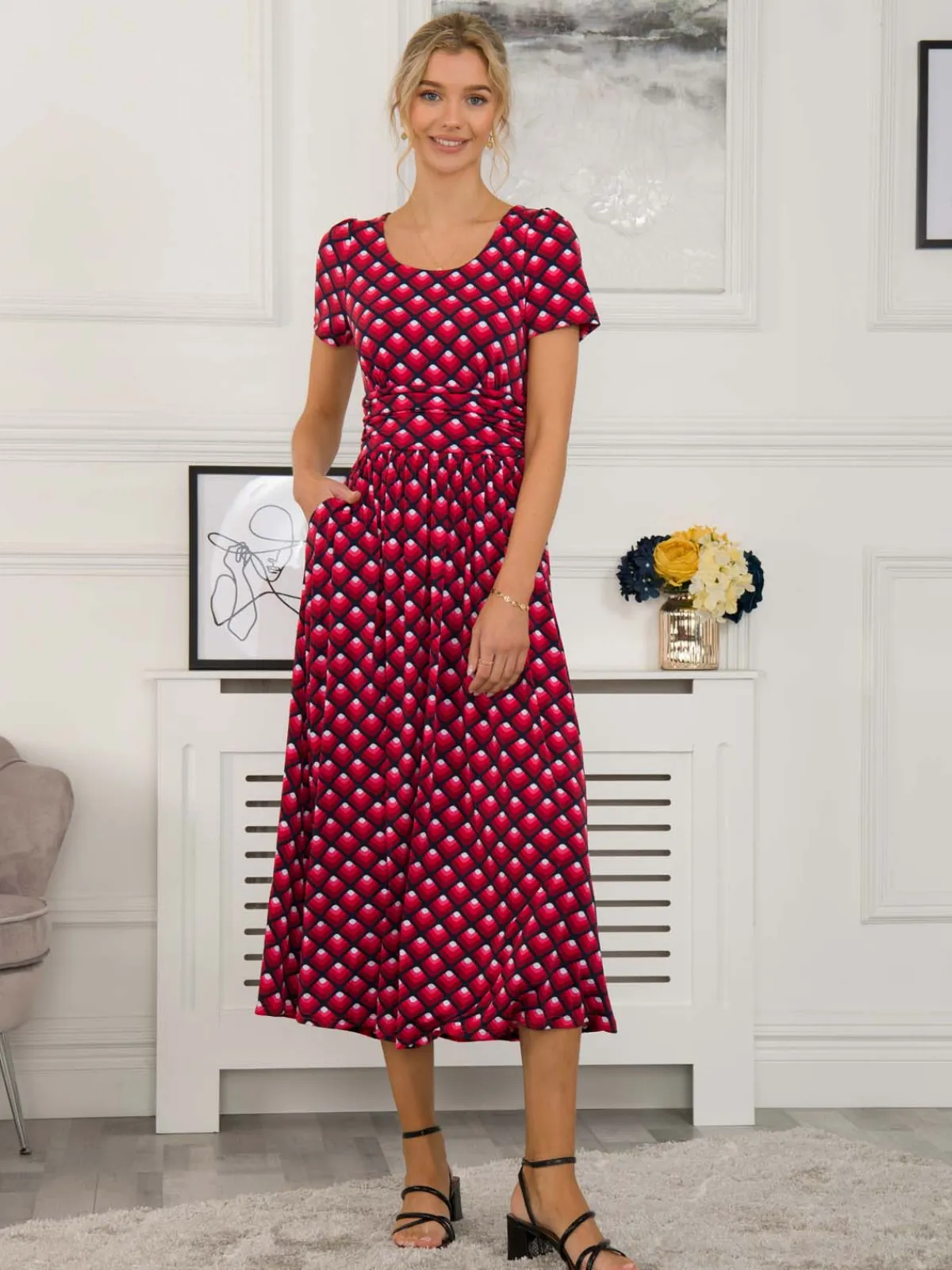 Jolie Moi Occasion Dresses|Jersey Dresses-Danna Scoop Neck Dress, Red Geo