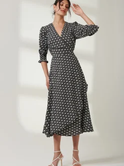 Jolie Moi Office Wear|Office Dresses-Daphne Puff Sleeve Bodycon Dress, Black Geo