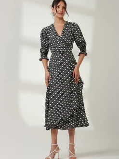 Jolie Moi Office Wear|Office Dresses-Daphne Puff Sleeve Bodycon Dress, Black Geo