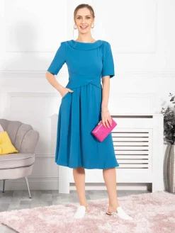 Jolie Moi Occasion Dresses|Race Day Dresses-Darlene Twist Waist Swing Dress, Teal