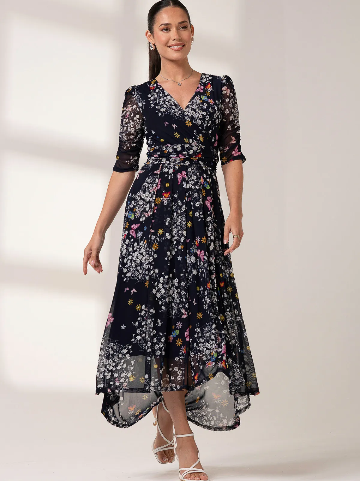 Jolie Moi Occasion Dresses|Floral Dresses-Dasha Ruched Sleeved Mesh Maxi Dress, Navy Floral