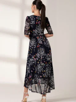 Jolie Moi Occasion Dresses|Floral Dresses-Dasha Ruched Sleeved Mesh Maxi Dress, Navy Floral