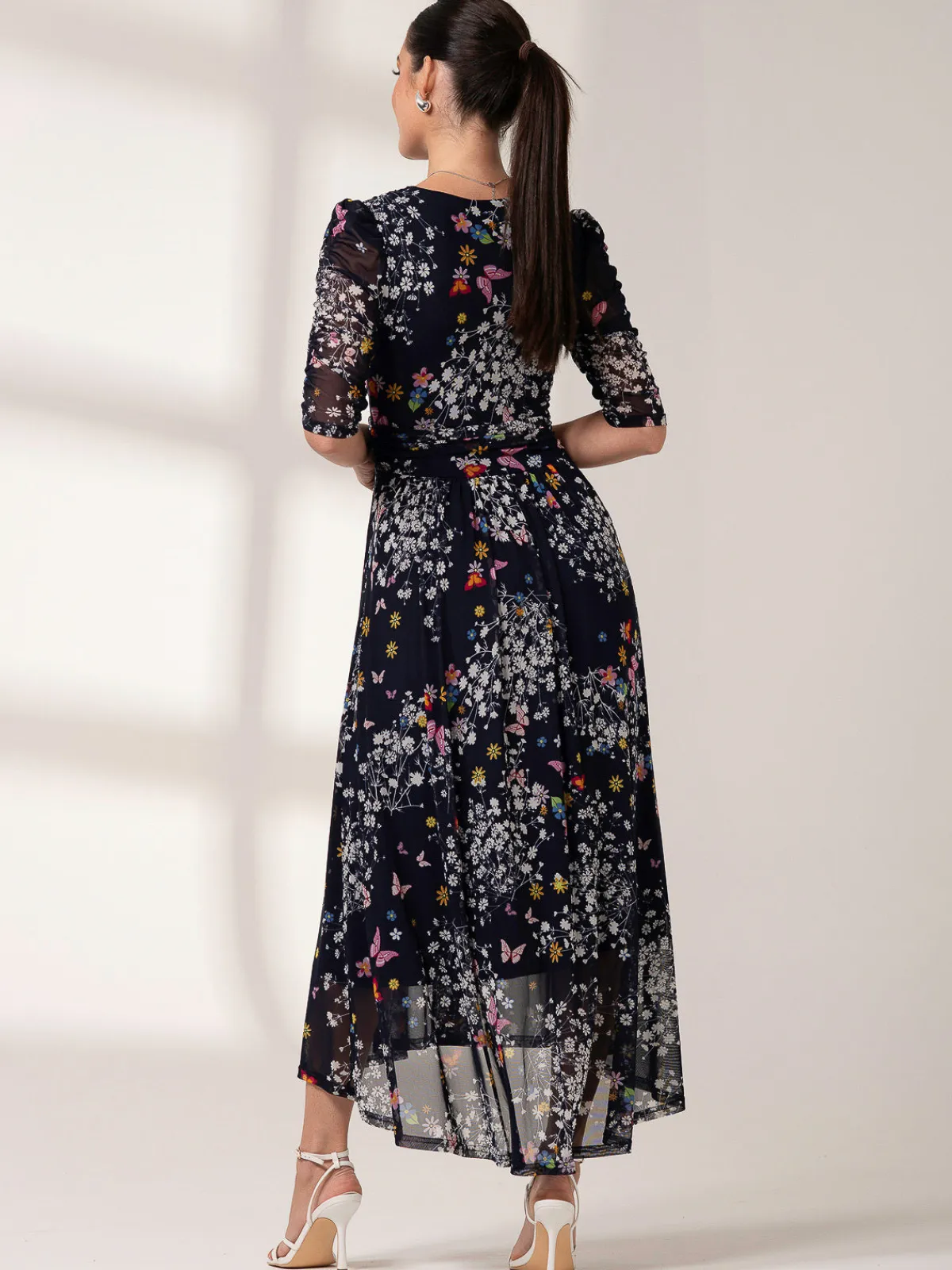 Jolie Moi Occasion Dresses|Floral Dresses-Dasha Ruched Sleeved Mesh Maxi Dress, Navy Floral