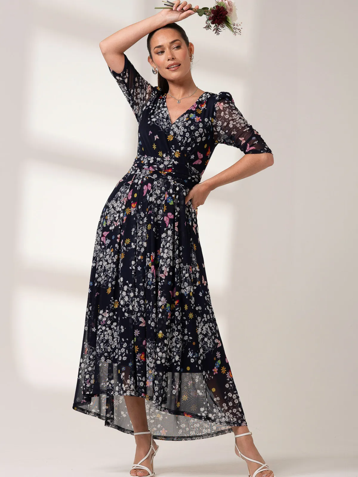 Jolie Moi Occasion Dresses|Floral Dresses-Dasha Ruched Sleeved Mesh Maxi Dress, Navy Floral