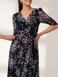 Jolie Moi Occasion Dresses|Floral Dresses-Dasha Ruched Sleeved Mesh Maxi Dress, Navy Floral
