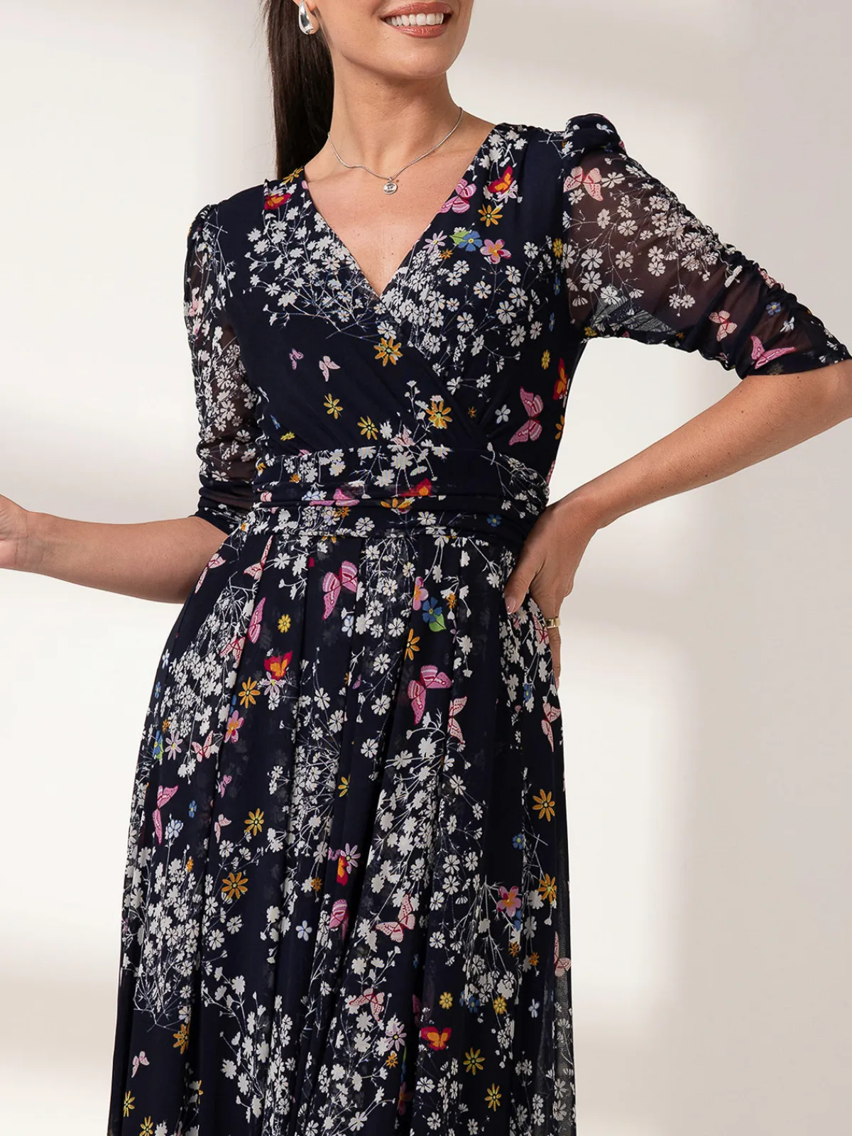 Jolie Moi Occasion Dresses|Floral Dresses-Dasha Ruched Sleeved Mesh Maxi Dress, Navy Floral