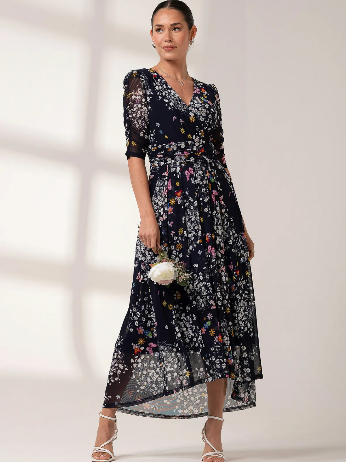 Jolie Moi Occasion Dresses|Floral Dresses-Dasha Ruched Sleeved Mesh Maxi Dress, Navy Floral