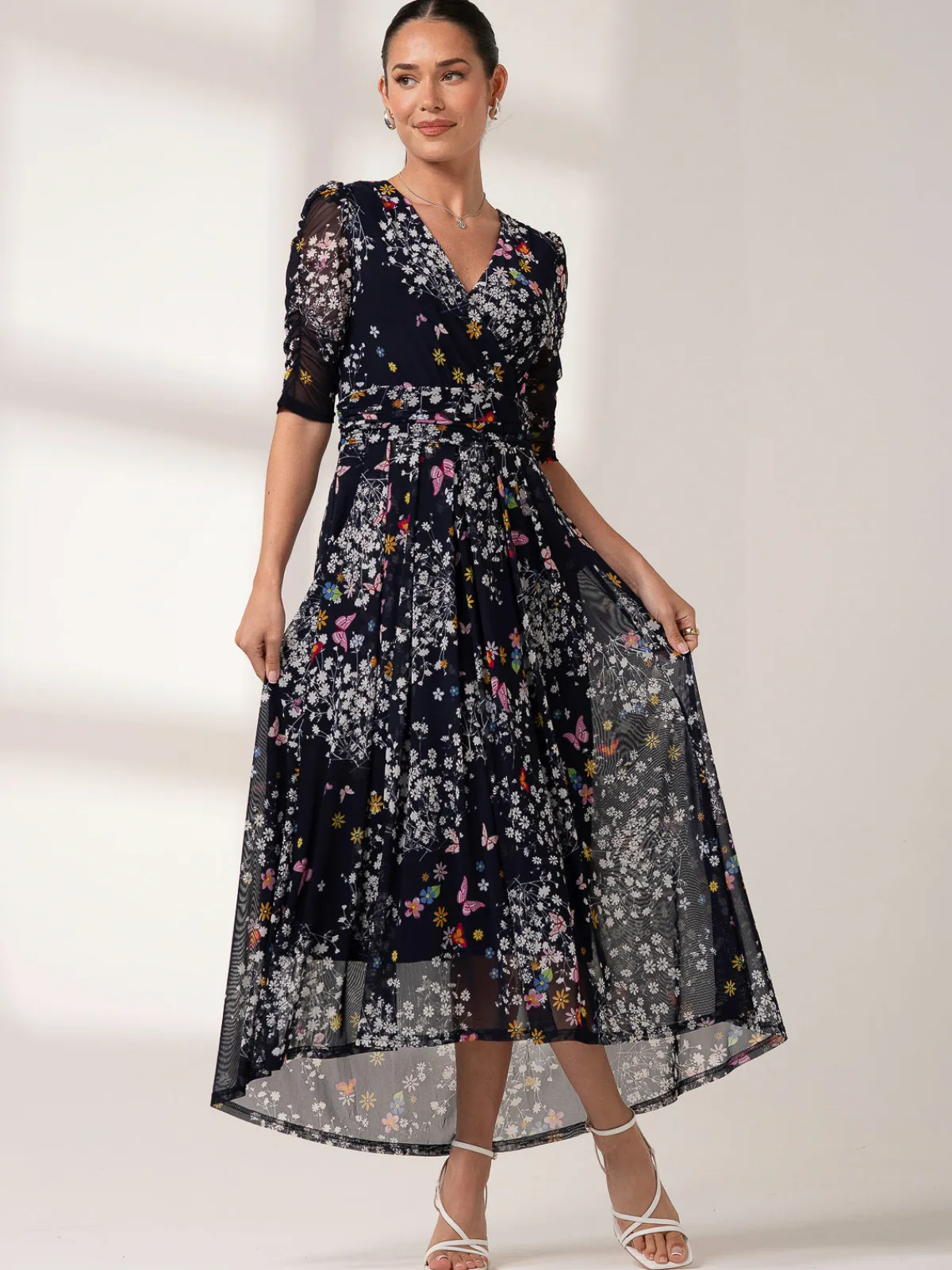 Jolie Moi Occasion Dresses|Floral Dresses-Dasha Ruched Sleeved Mesh Maxi Dress, Navy Floral