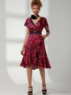 Jolie Moi Occasion Dresses|Animal Print Dresses-Deep Plunge V-Neck Midi Dress, Magenta Animal
