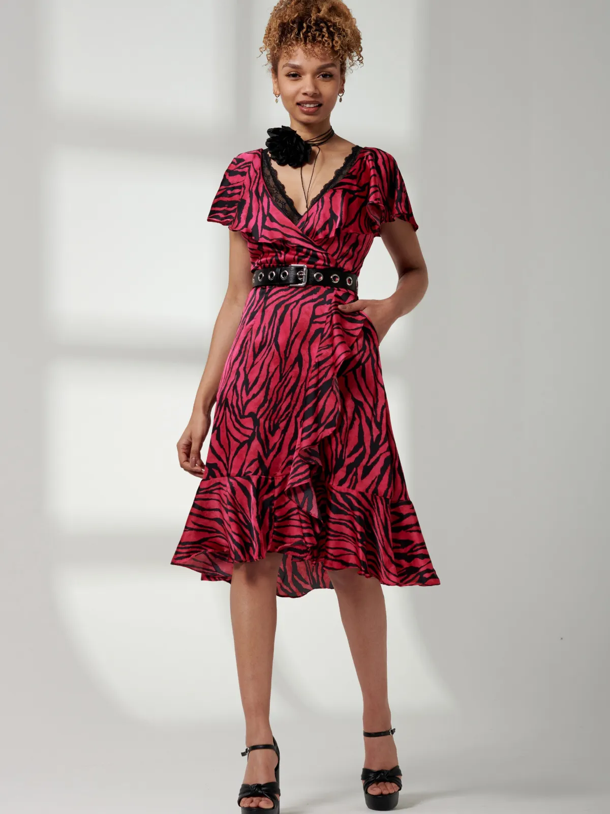 Jolie Moi Occasion Dresses|Animal Print Dresses-Deep Plunge V-Neck Midi Dress, Magenta Animal