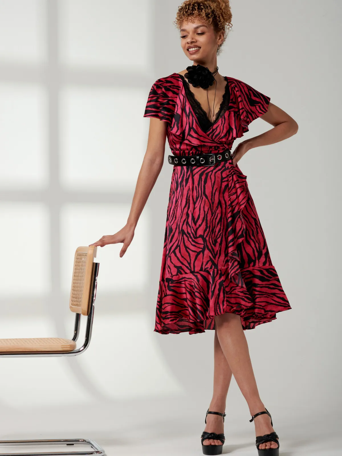 Jolie Moi Occasion Dresses|Animal Print Dresses-Deep Plunge V-Neck Midi Dress, Magenta Animal