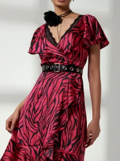 Jolie Moi Occasion Dresses|Animal Print Dresses-Deep Plunge V-Neck Midi Dress, Magenta Animal
