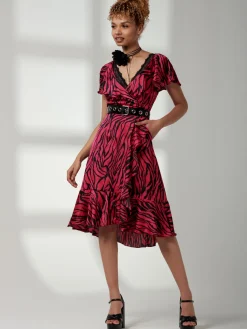 Jolie Moi Occasion Dresses|Animal Print Dresses-Deep Plunge V-Neck Midi Dress, Magenta Animal