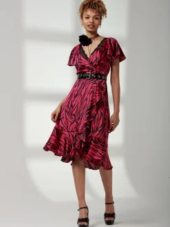 Jolie Moi Occasion Dresses|Animal Print Dresses-Deep Plunge V-Neck Midi Dress, Magenta Animal