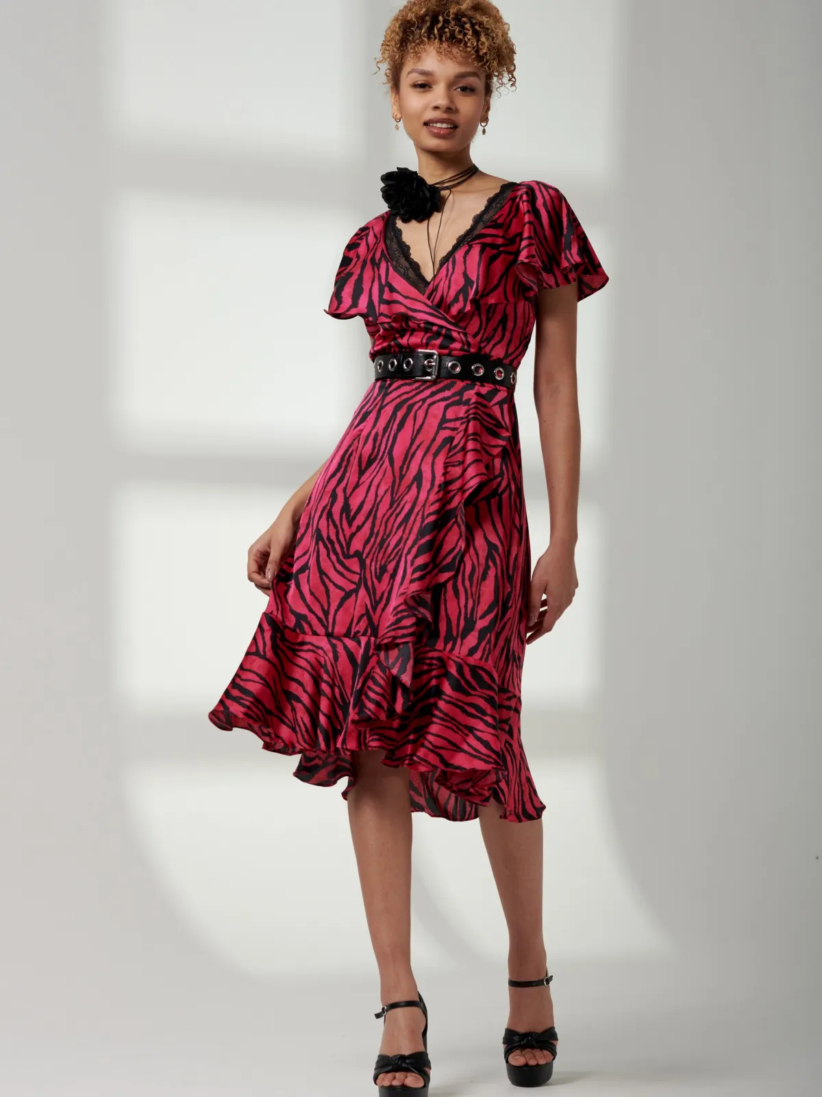 Jolie Moi Occasion Dresses|Animal Print Dresses-Deep Plunge V-Neck Midi Dress, Magenta Animal
