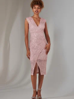 Jolie Moi Occasion Dresses|Sleeveless Dresses-Deja Sequin Midi Dress With Slit, Light Pink