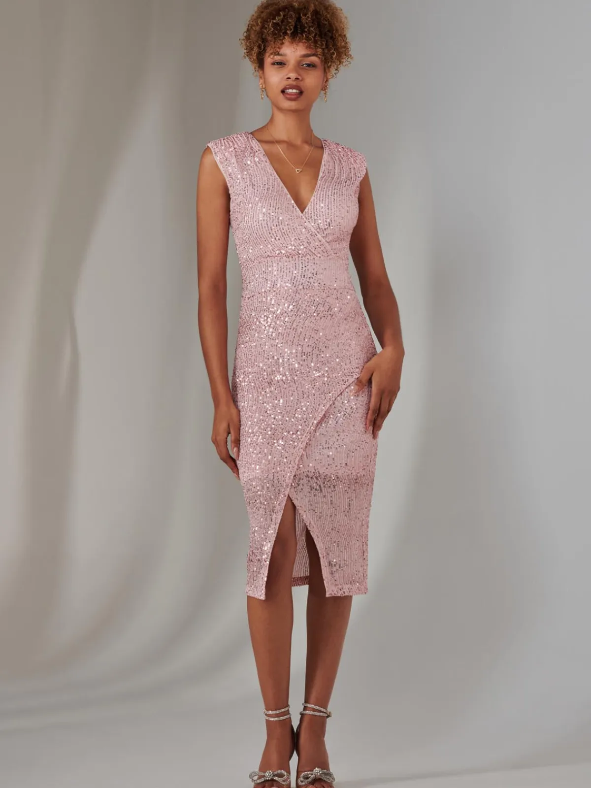 Jolie Moi Occasion Dresses|Sleeveless Dresses-Deja Sequin Midi Dress With Slit, Light Pink