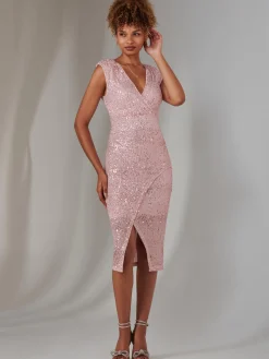 Jolie Moi Occasion Dresses|Sleeveless Dresses-Deja Sequin Midi Dress With Slit, Light Pink