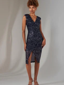 Jolie Moi Occasion Dresses|Sleeveless Dresses-Deja Sequin Midi Dress With Slit, Navy Silver