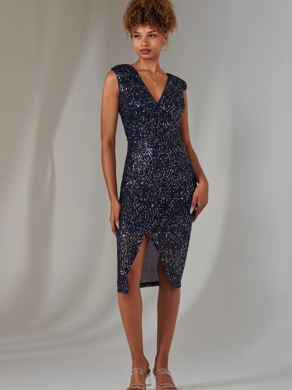 Jolie Moi Occasion Dresses|Sleeveless Dresses-Deja Sequin Midi Dress With Slit, Navy Silver