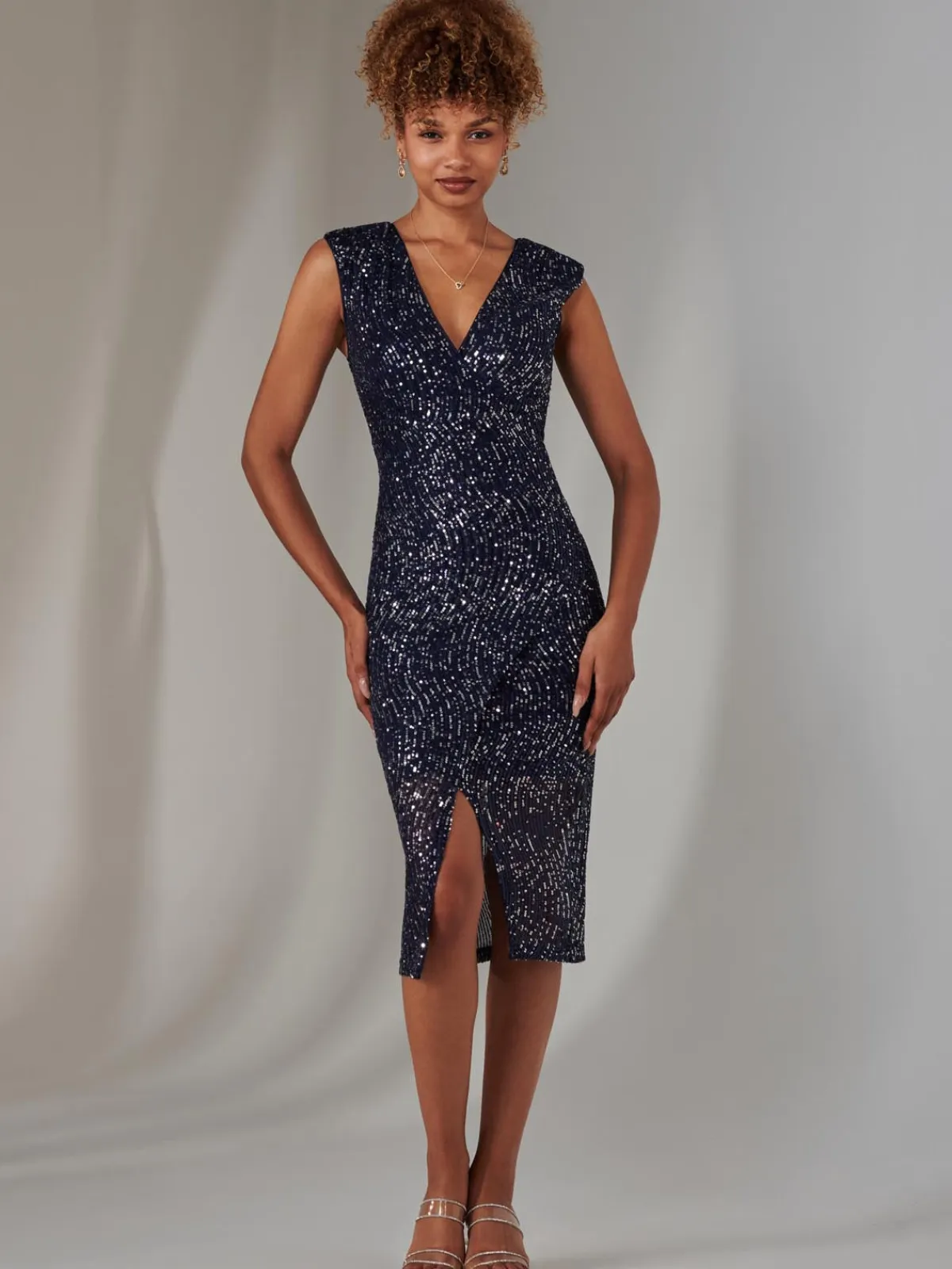 Jolie Moi Occasion Dresses|Sleeveless Dresses-Deja Sequin Midi Dress With Slit, Navy Silver