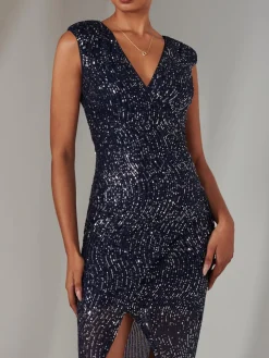 Jolie Moi Occasion Dresses|Sleeveless Dresses-Deja Sequin Midi Dress With Slit, Navy Silver