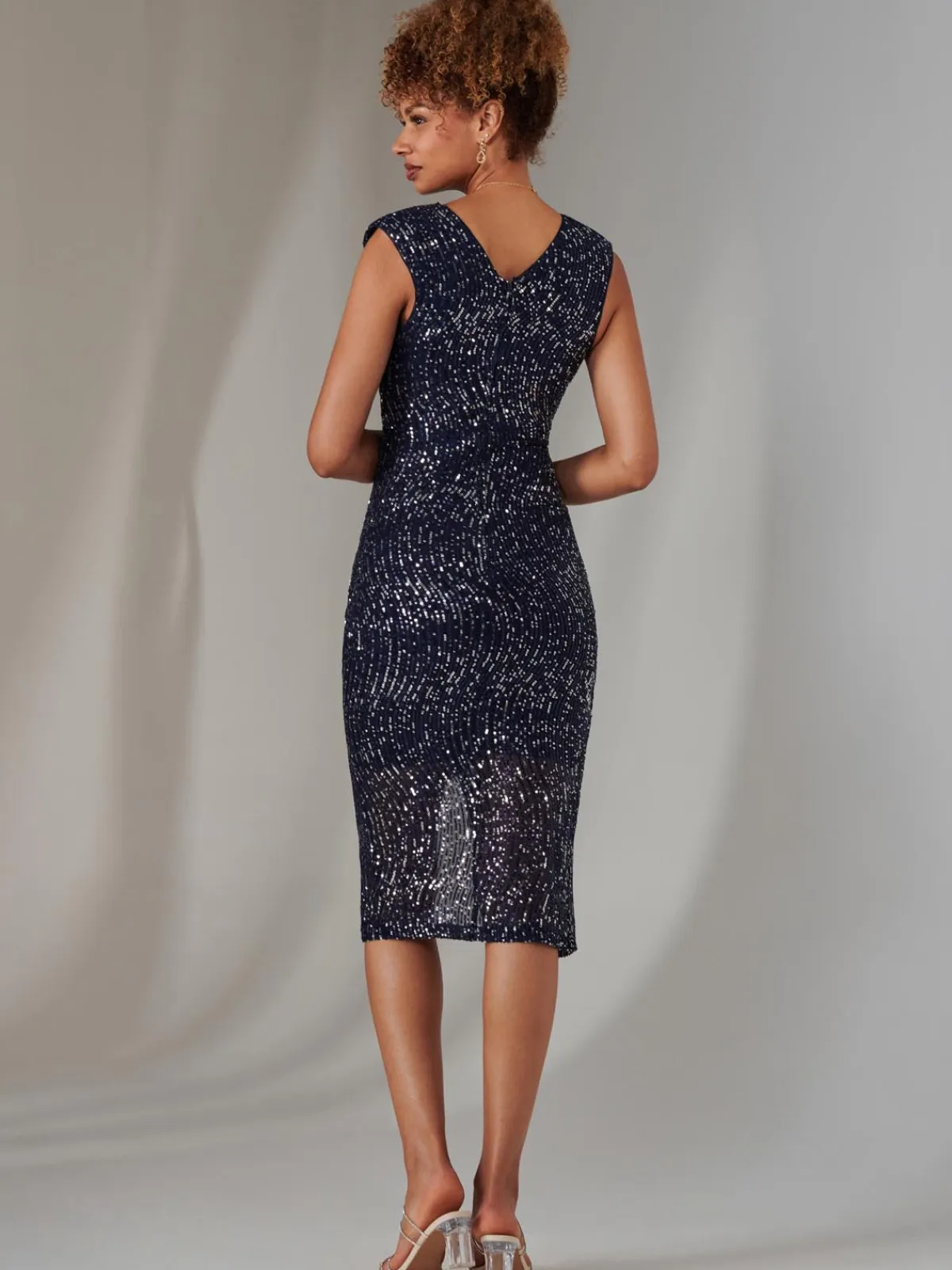 Jolie Moi Occasion Dresses|Sleeveless Dresses-Deja Sequin Midi Dress With Slit, Navy Silver