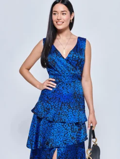 Jolie Moi Occasion Dresses|Weekend Casuals-Della Crepe Frill Hem Maxi Dress, Blue Leopard