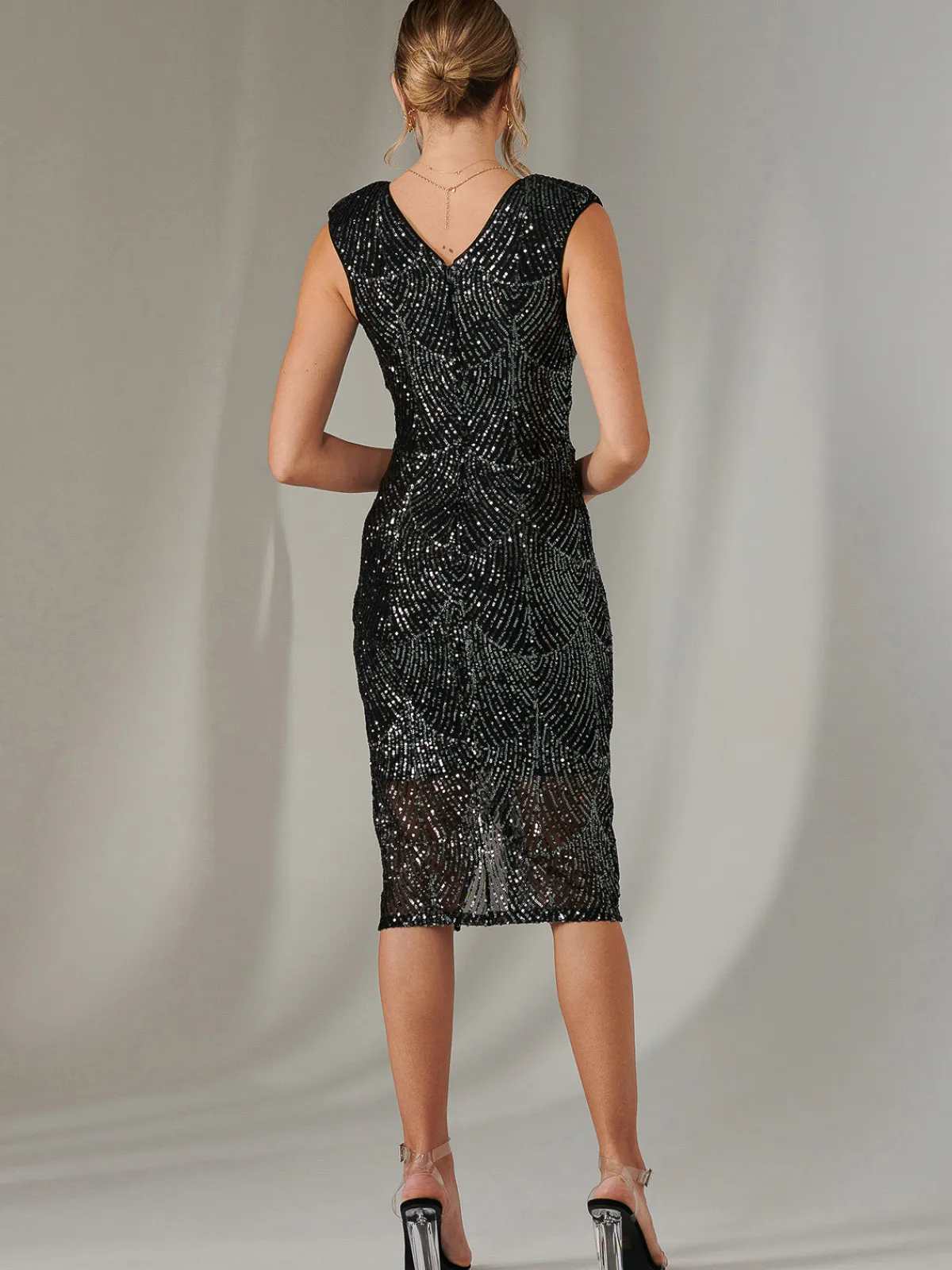 Jolie Moi Occasion Dresses|Sleeveless Dresses-Demi Sequin Wrap Slit Bodycon Dress, Black