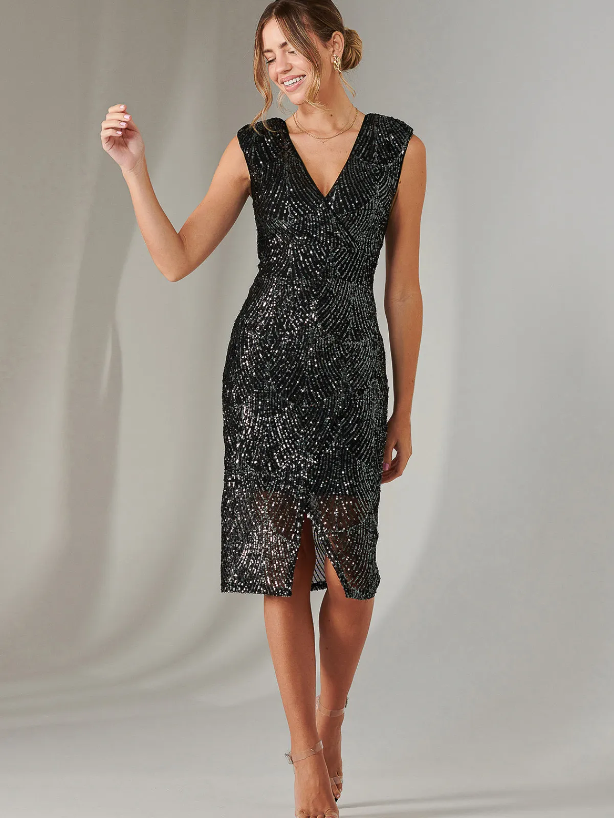 Jolie Moi Occasion Dresses|Sleeveless Dresses-Demi Sequin Wrap Slit Bodycon Dress, Black
