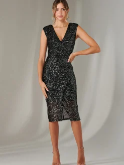 Jolie Moi Occasion Dresses|Sleeveless Dresses-Demi Sequin Wrap Slit Bodycon Dress, Black