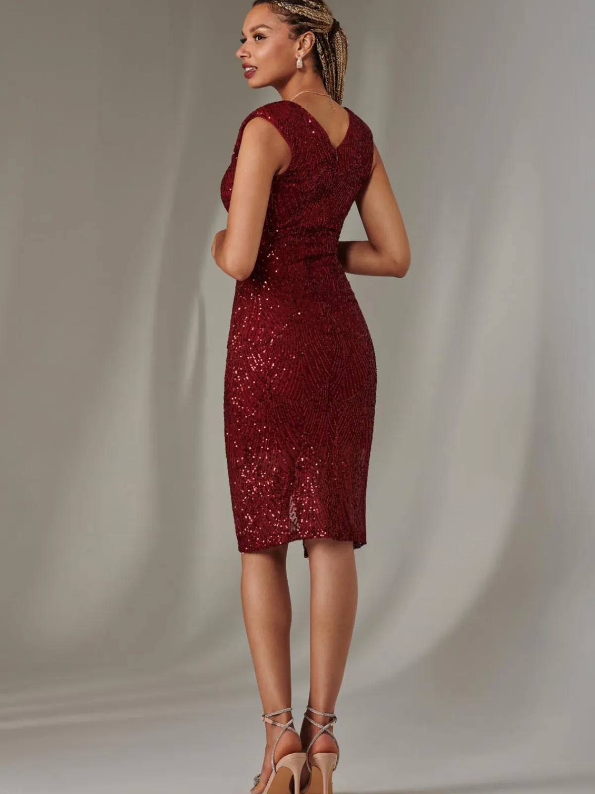 Jolie Moi Occasion Dresses|Party Dresses-Demi Sequin Wrap Slit Bodycon Dress, Dark Red