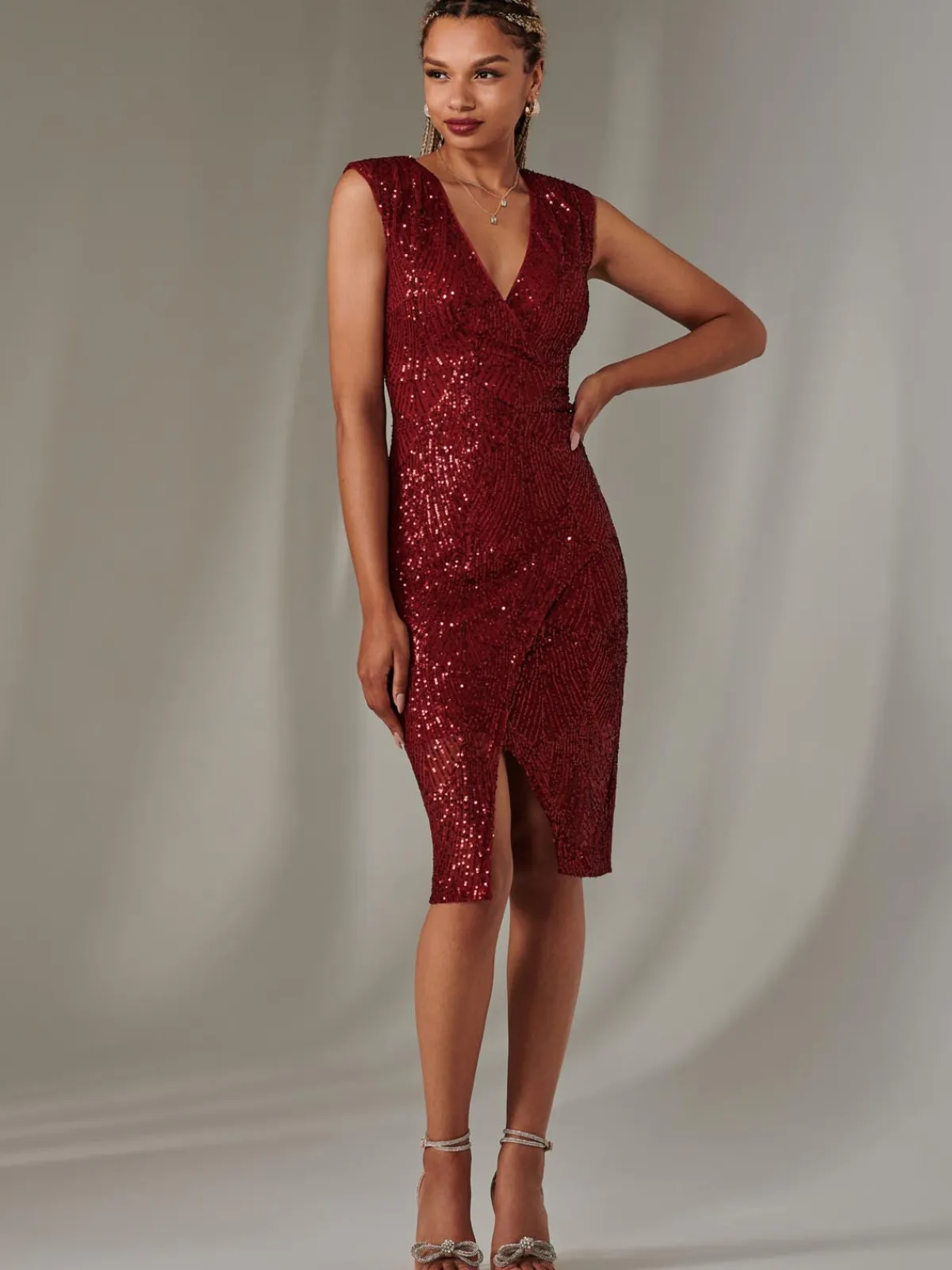 Jolie Moi Occasion Dresses|Party Dresses-Demi Sequin Wrap Slit Bodycon Dress, Dark Red
