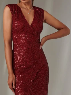 Jolie Moi Occasion Dresses|Party Dresses-Demi Sequin Wrap Slit Bodycon Dress, Dark Red