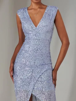 Jolie Moi Party Dresses|Sleeveless Dresses-Demi Sequin Wrap Slit Bodycon Dress, Lilac