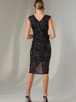 Jolie Moi Occasion Dresses|Party Dresses-Demi Sequin Wrap Slit Bodycon Dress, Navy Multi