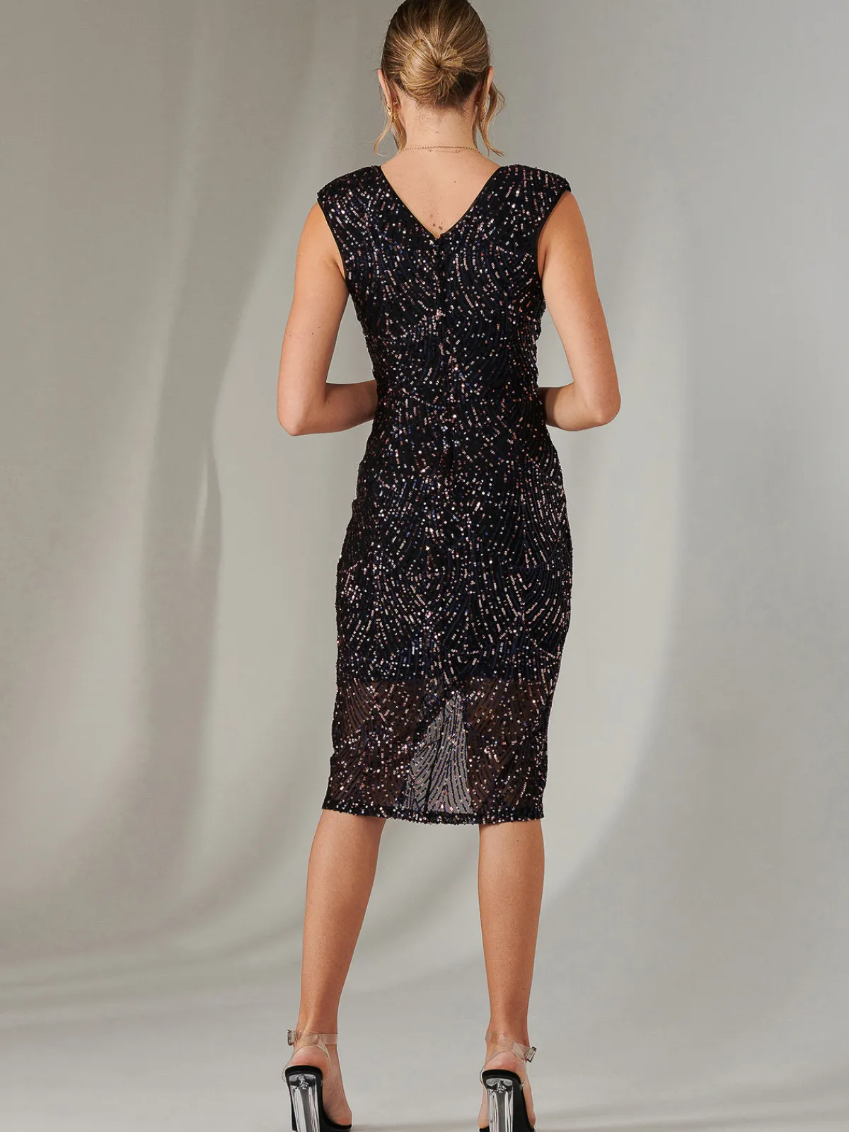 Jolie Moi Occasion Dresses|Party Dresses-Demi Sequin Wrap Slit Bodycon Dress, Navy Multi