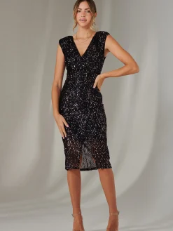 Jolie Moi Occasion Dresses|Party Dresses-Demi Sequin Wrap Slit Bodycon Dress, Navy Multi