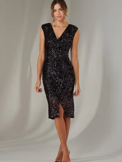 Jolie Moi Occasion Dresses|Party Dresses-Demi Sequin Wrap Slit Bodycon Dress, Navy Multi