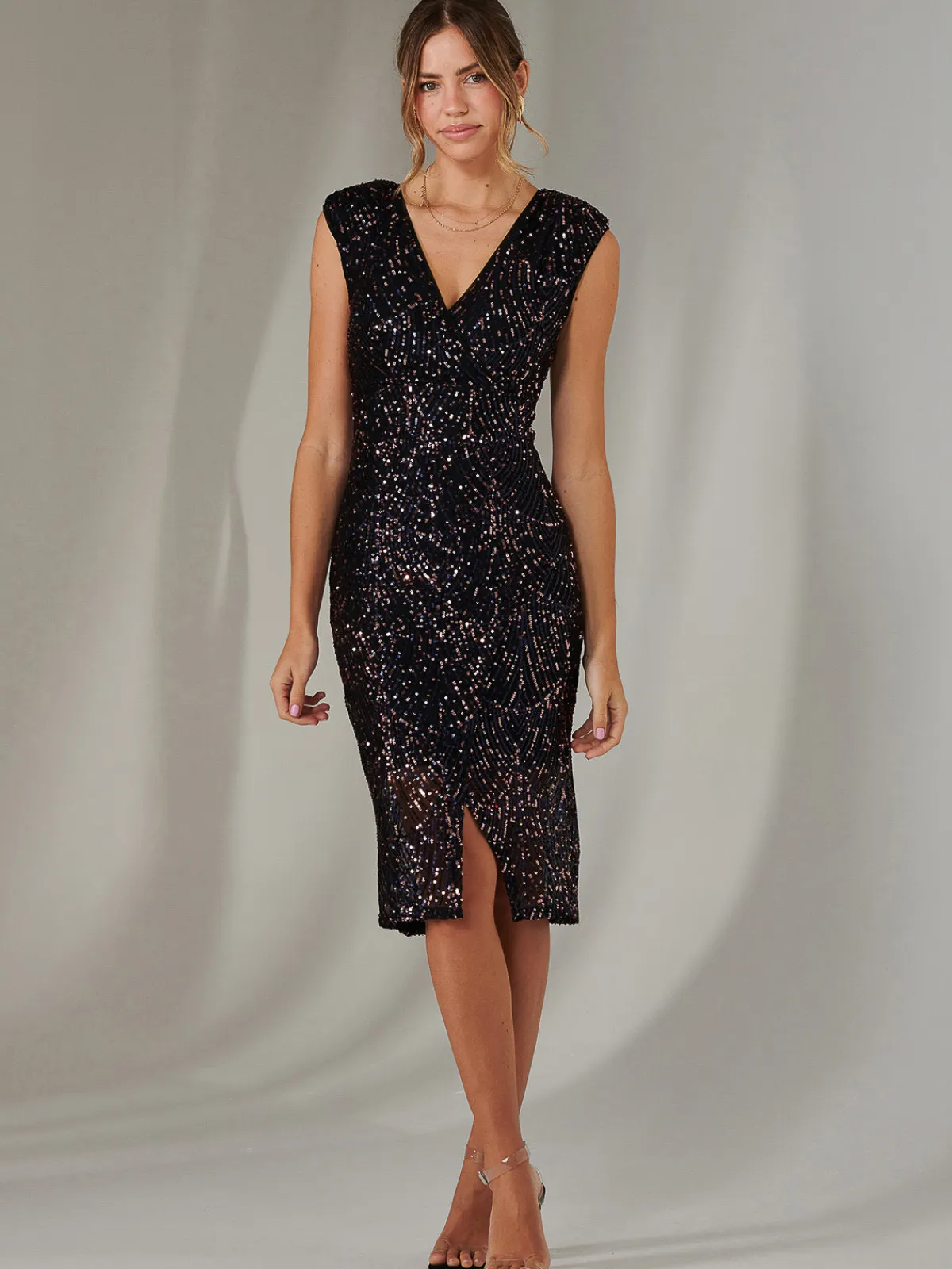 Jolie Moi Occasion Dresses|Party Dresses-Demi Sequin Wrap Slit Bodycon Dress, Navy Multi
