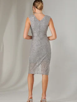 Jolie Moi Occasion Dresses|Party Dresses-Demi Sequin Wrap Slit Bodycon Dress, Silver Grey