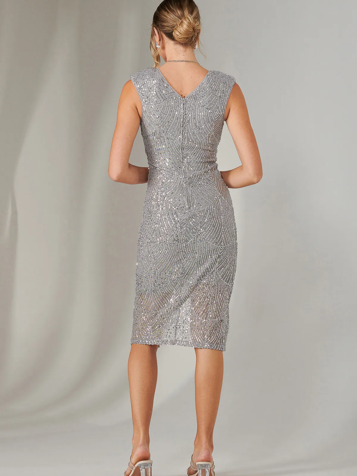 Jolie Moi Occasion Dresses|Party Dresses-Demi Sequin Wrap Slit Bodycon Dress, Silver Grey