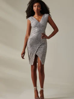Jolie Moi Occasion Dresses|Party Dresses-Demi Sequin Wrap Slit Bodycon Dress, Silver Grey