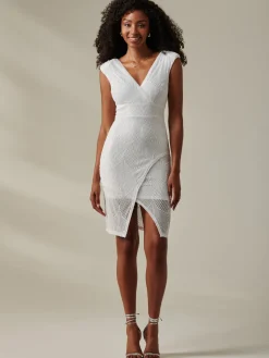 Jolie Moi Occasion Dresses|Party Dresses-Demi Sequin Wrap Slit Bodycon Dress, White