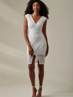 Jolie Moi Occasion Dresses|Party Dresses-Demi Sequin Wrap Slit Bodycon Dress, White