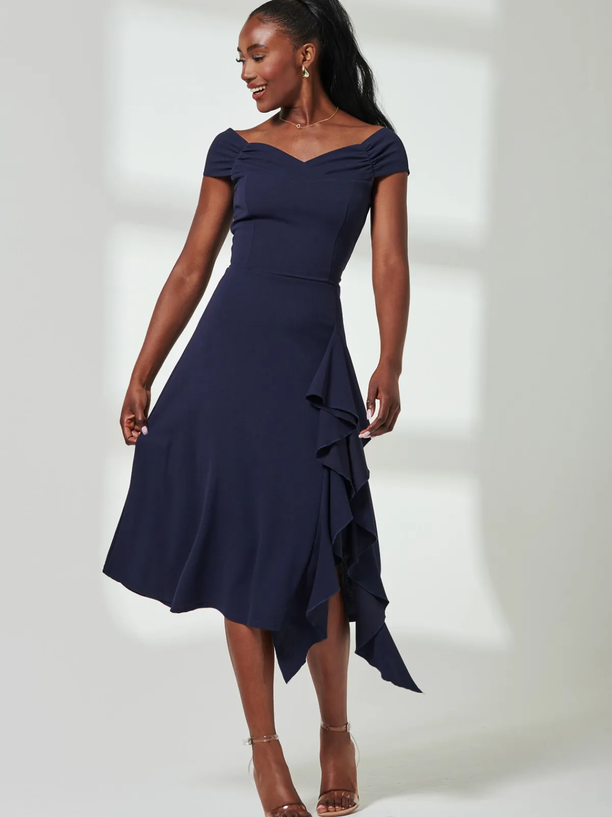 Jolie Moi Occasion Dresses|Weekend Casuals-Desiree Frill Fit & Flare Dress, Navy