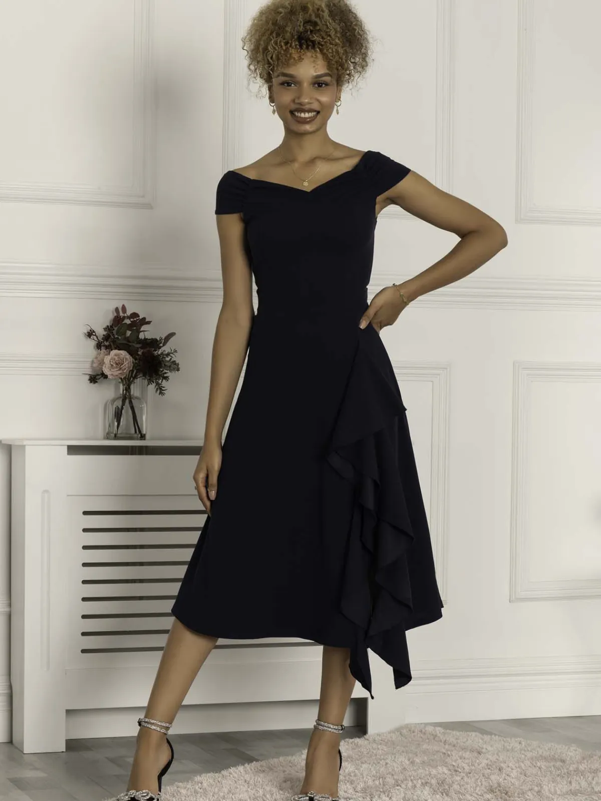 Jolie Moi Occasion Dresses|Weekend Casuals-Desiree Frill Fit & Flare Dress, Navy