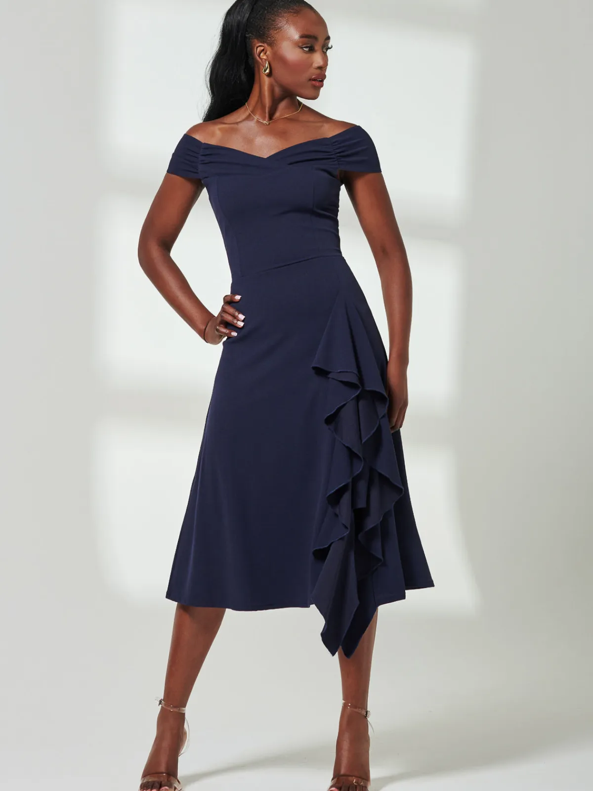 Jolie Moi Occasion Dresses|Weekend Casuals-Desiree Frill Fit & Flare Dress, Navy