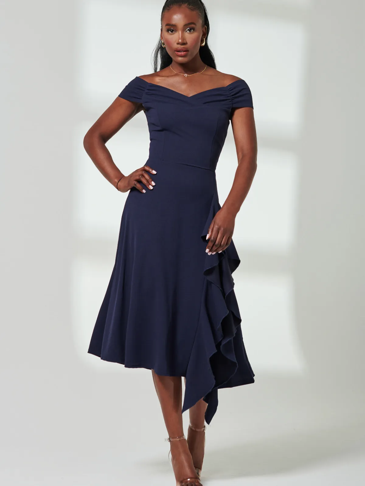 Jolie Moi Occasion Dresses|Weekend Casuals-Desiree Frill Fit & Flare Dress, Navy
